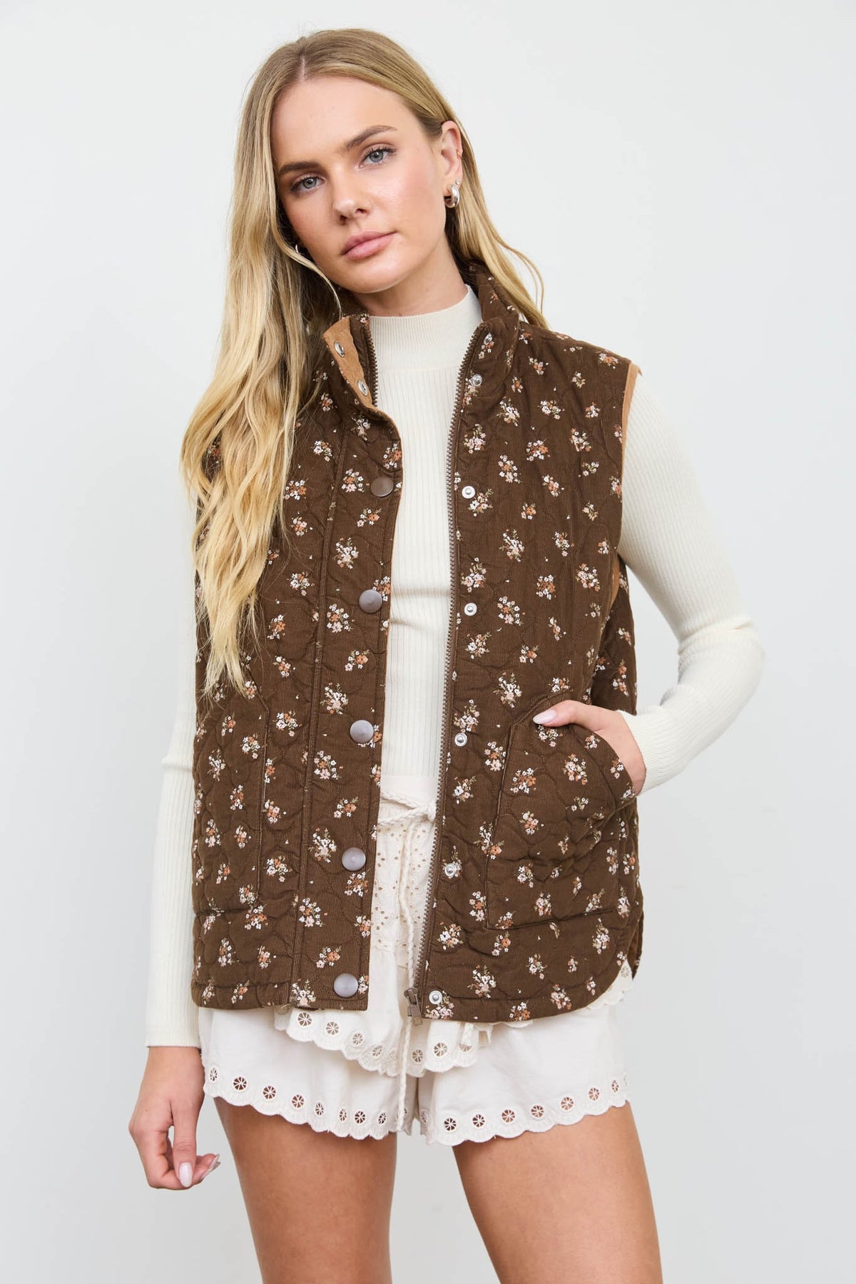 Blu Pepper Brown Floral Quilted Vest (CR3080)