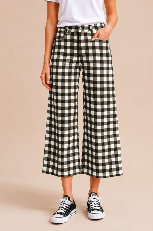 Anniewear Black Gingham Wide Leg Cropped Denim Pants