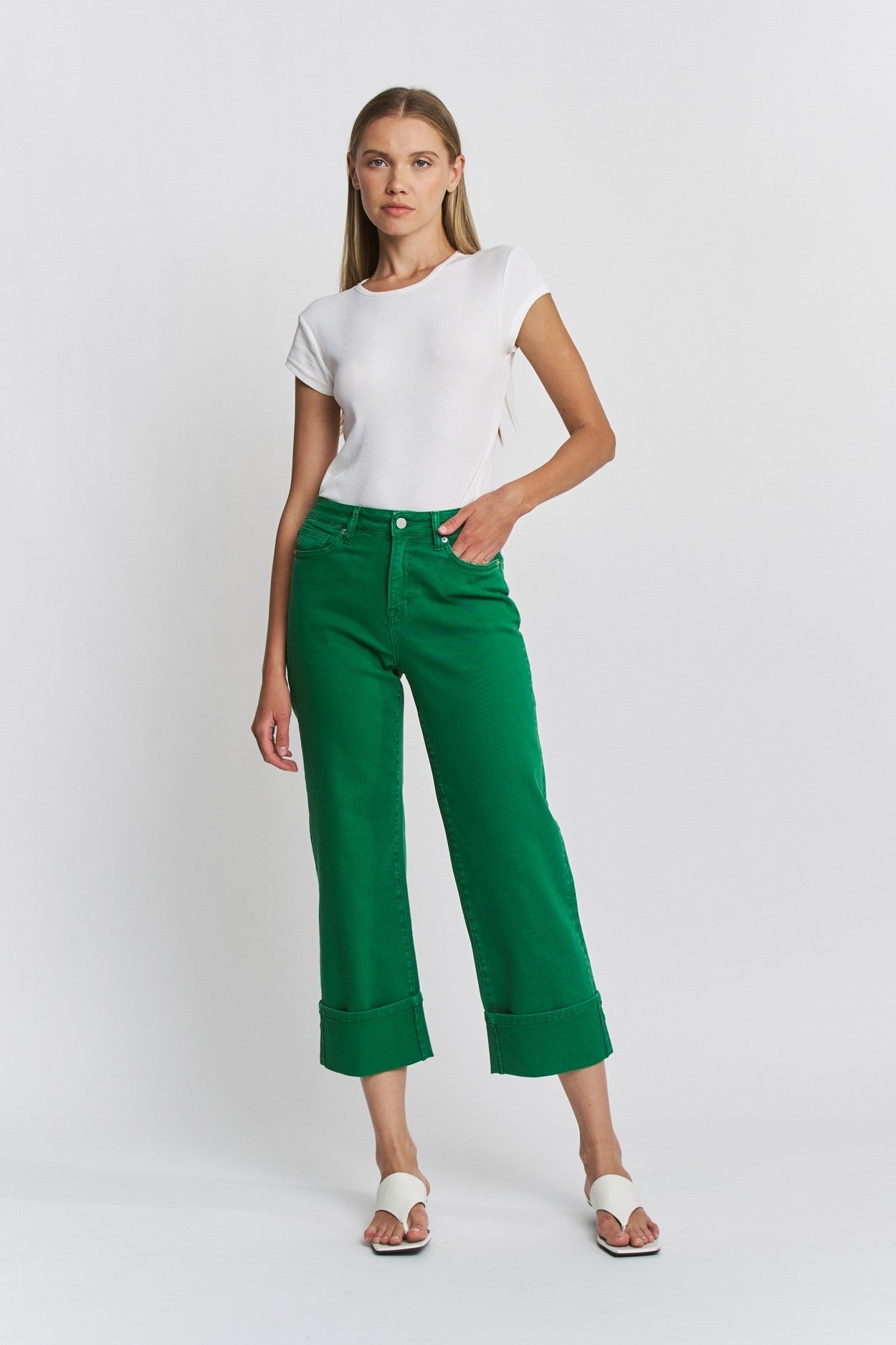 Mica Denim Seaweed Green High Rise Wide Crop Cuffed Jeans (MDP-W3025SG)