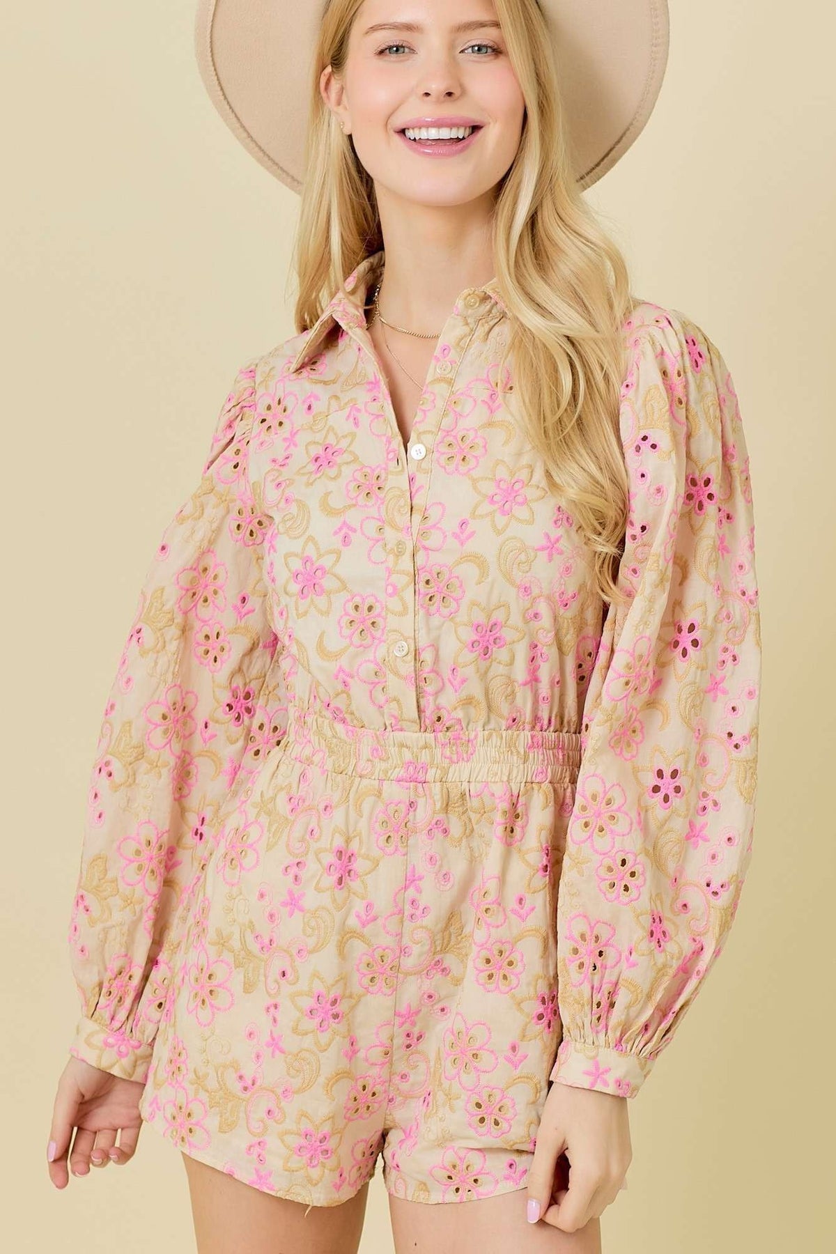 Mainstrip Natural Eyelet Embroidered Romper (LR71444)