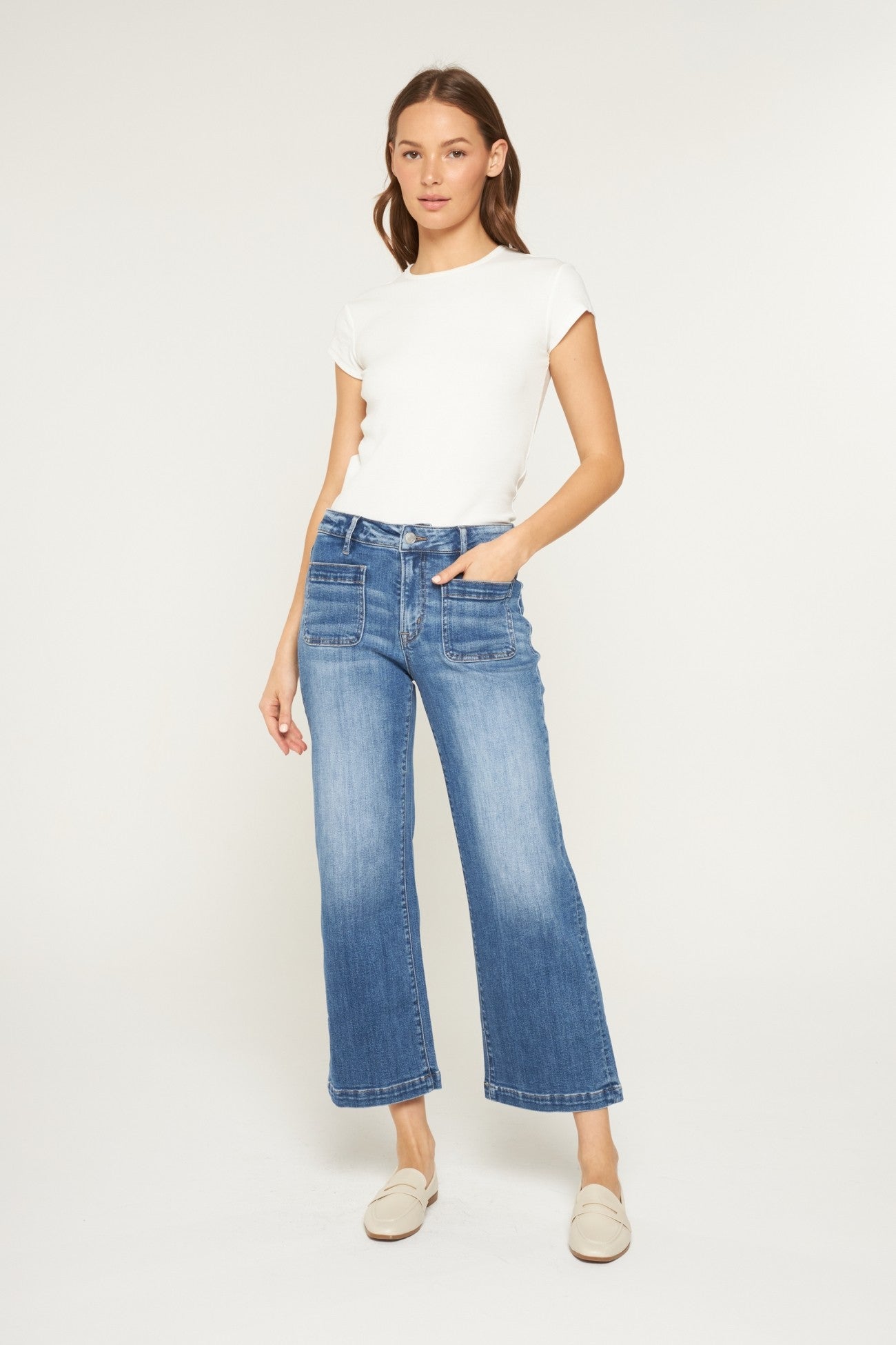 Mica Denim Crew Blue High Rise Cropped Wide Leg With Patch Pockets (MDP-W3500)
