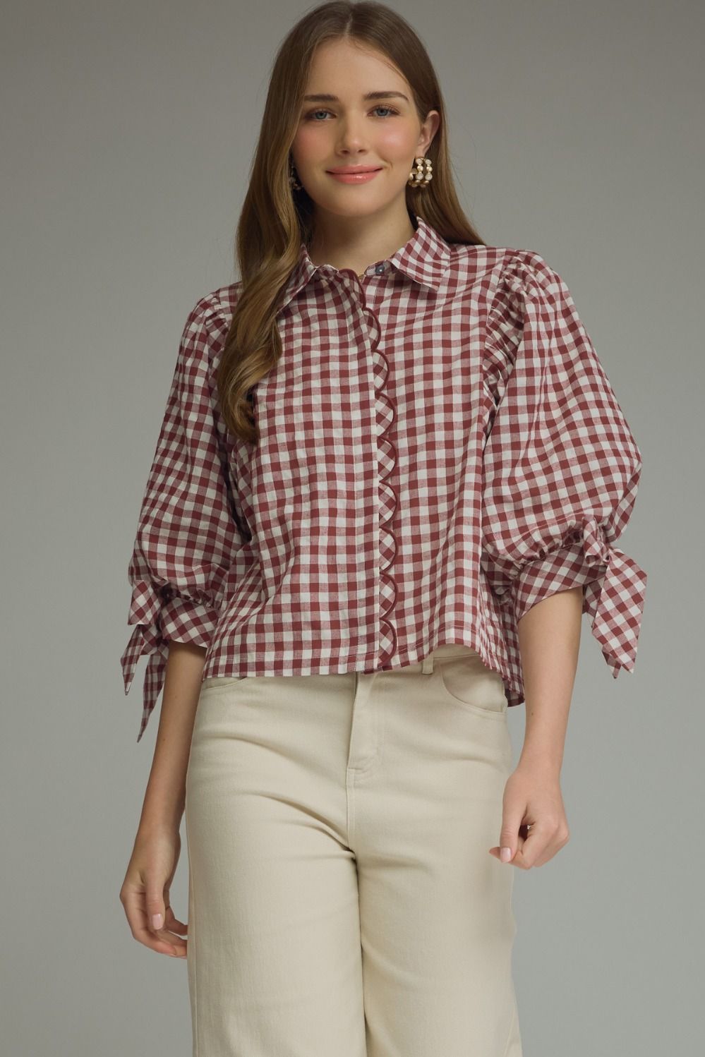 Entro Burgundy Gingham Peplum Top