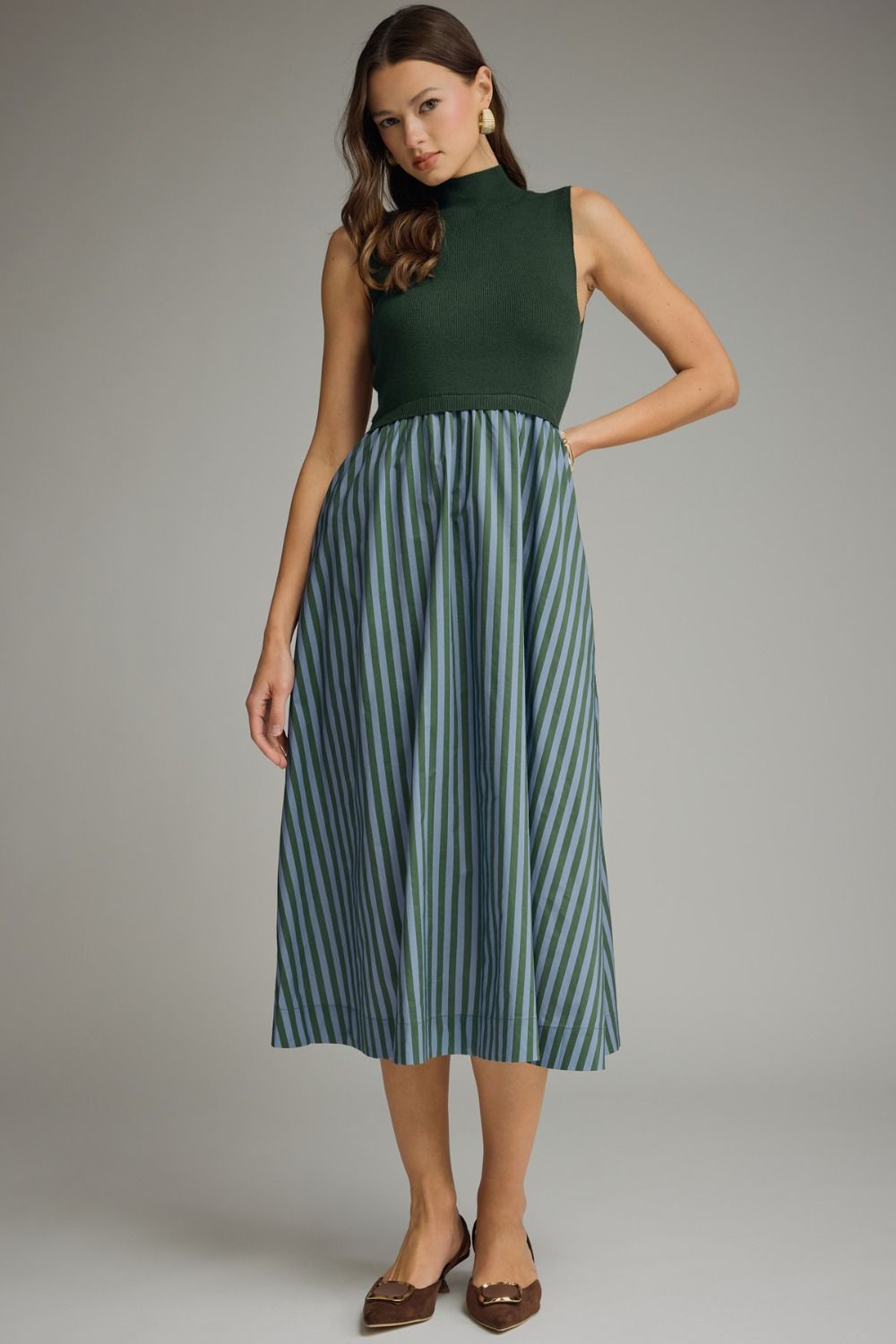 Entro Hunter Green Striped Sleeveless Mock Neck Dress