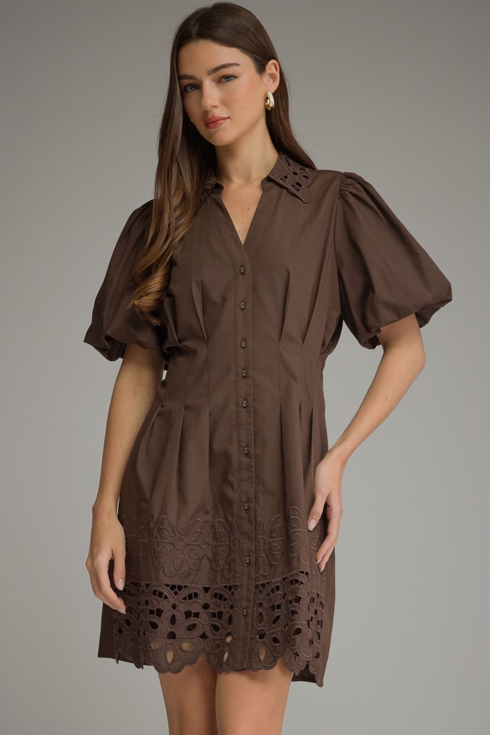 Entro Brown Short Sleeve Eyelet Trim Dress (D33116)