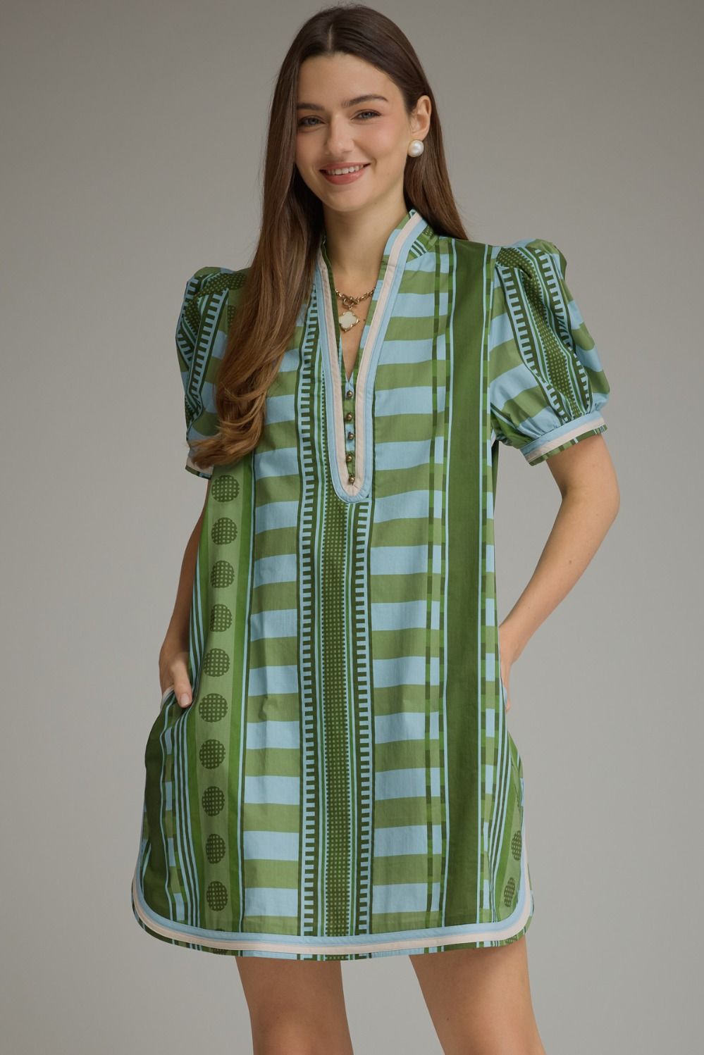 Entro Olive/Blue Stripes and Polka Dot Mini Dress (D33200)