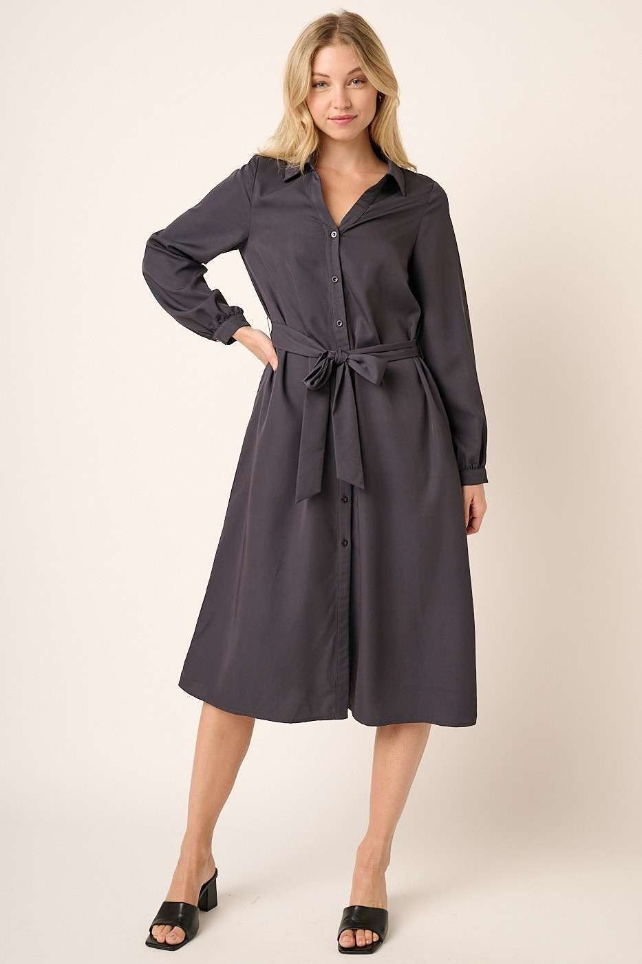 Mittoshop Titanium Waist Tie V Neck Midi Shirt Dress (M43236)