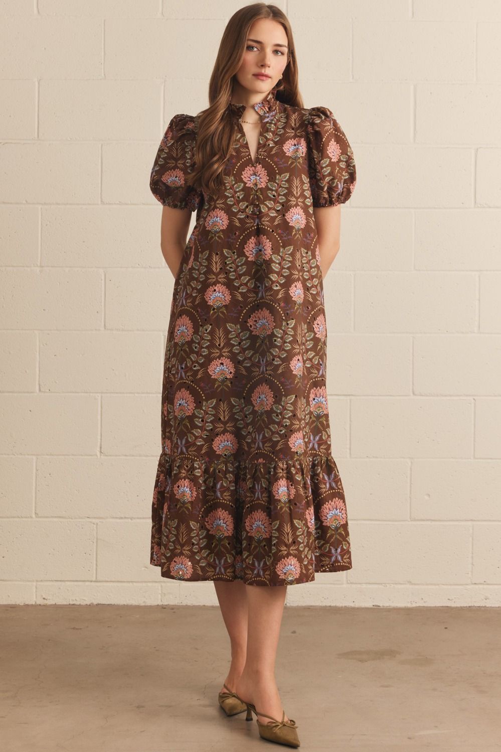 Entro Brown Floral Print Puff Sleeve Midi Dress