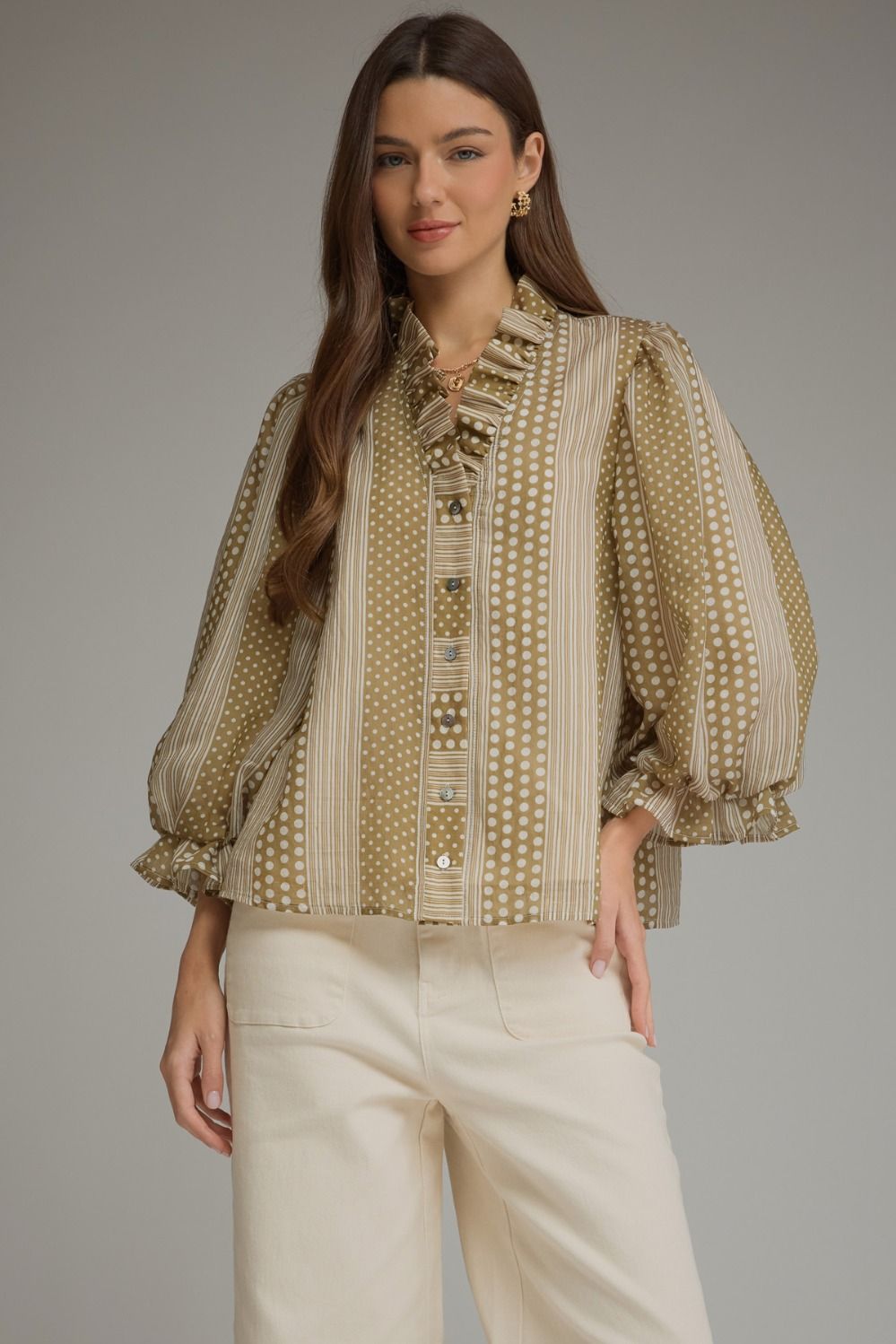 Entro Camel Button Up Long Sleeve Top (T33711)