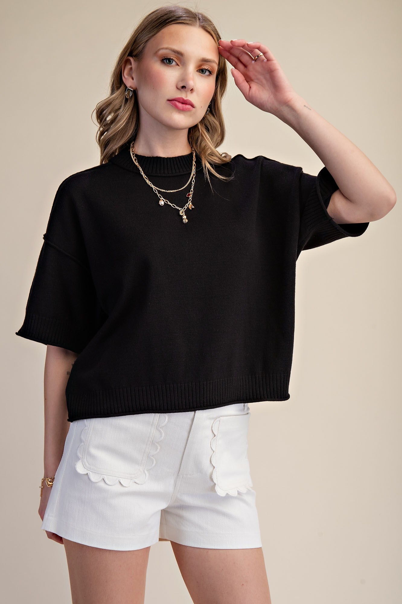 Glam Black Crewneck Short Sleeve Sweater (GSW9968)