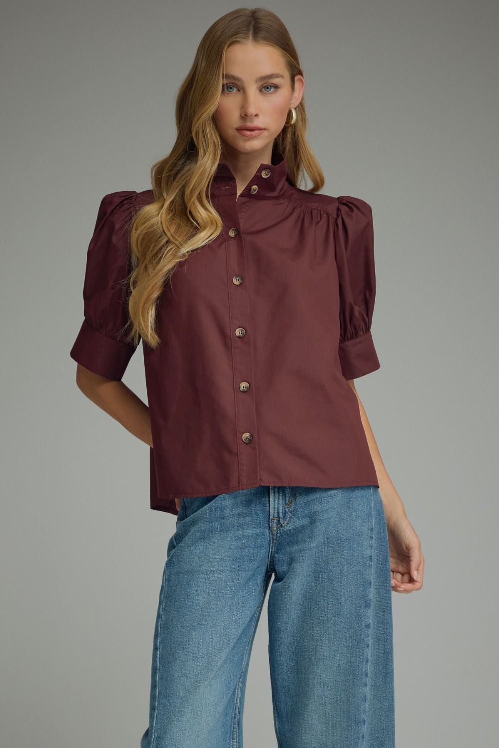 Entro Burgundy Button-Up Short Sleeve Top