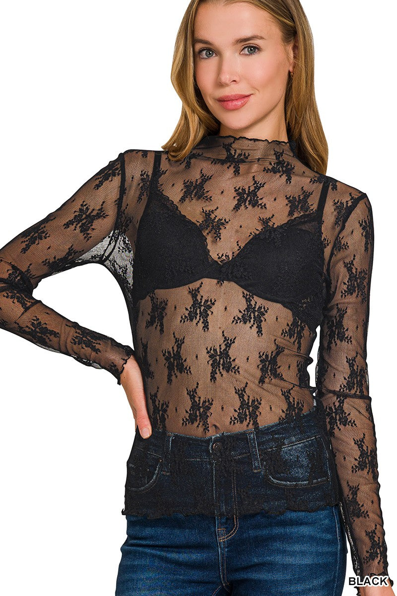 Zenana Black Lace See-through Layering Top (LT-6343Y)