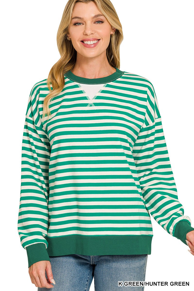 Zenana Green Striped Long Sleeve Pullover Top (CT-3597Y)