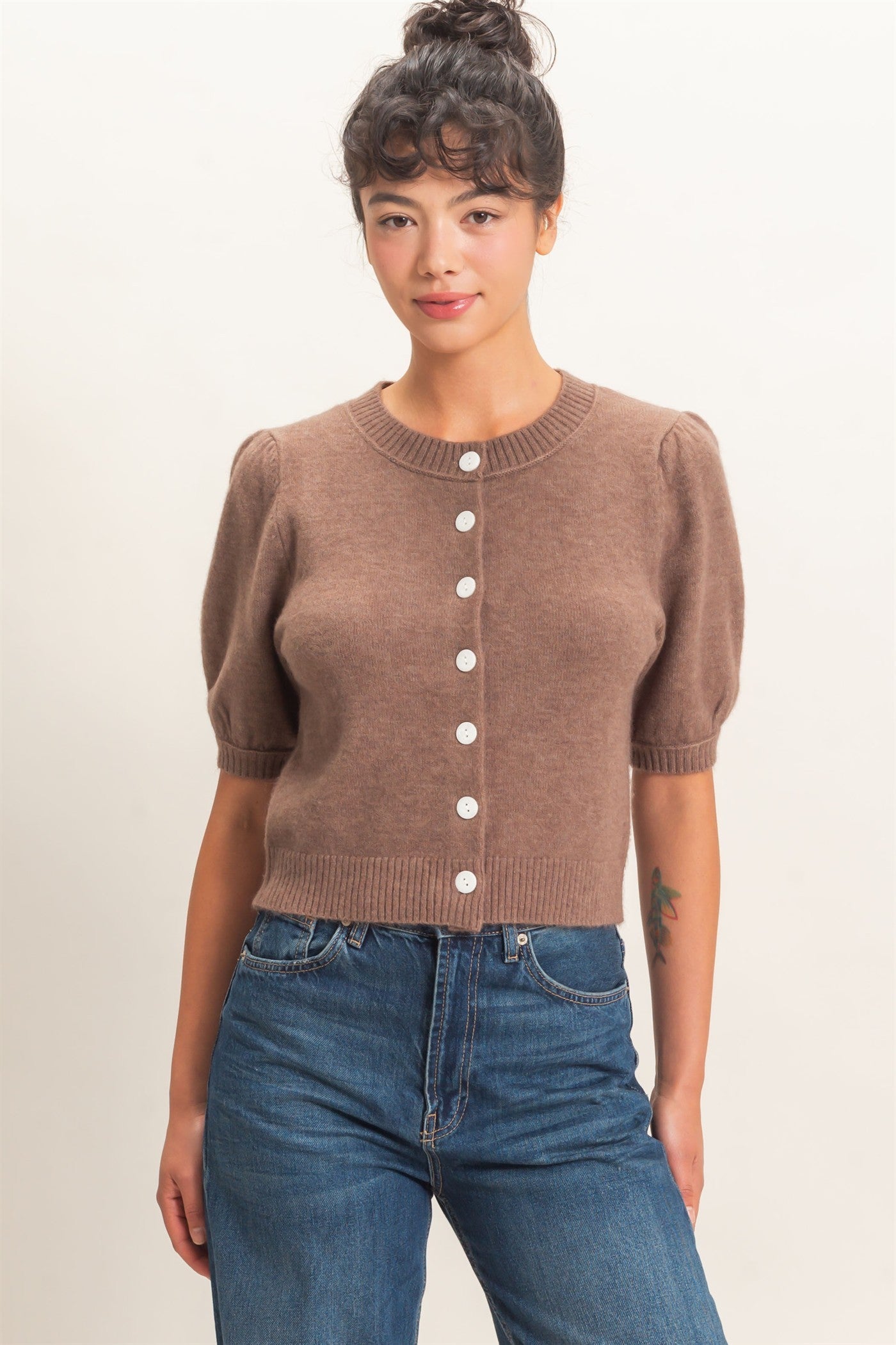 HYFVE Brown Button Front Puff Sleeve Cardigan