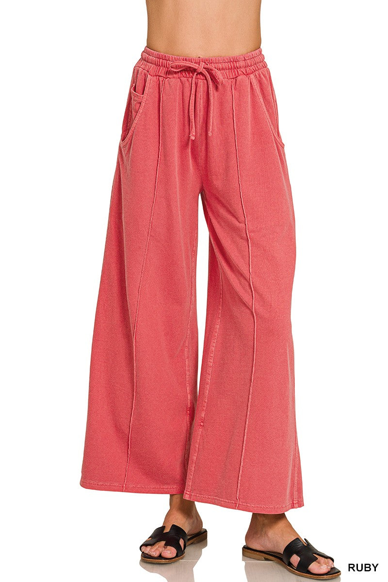 Zenana Red Wide Leg Enzyme Wash Pants (TPW-5403Y)