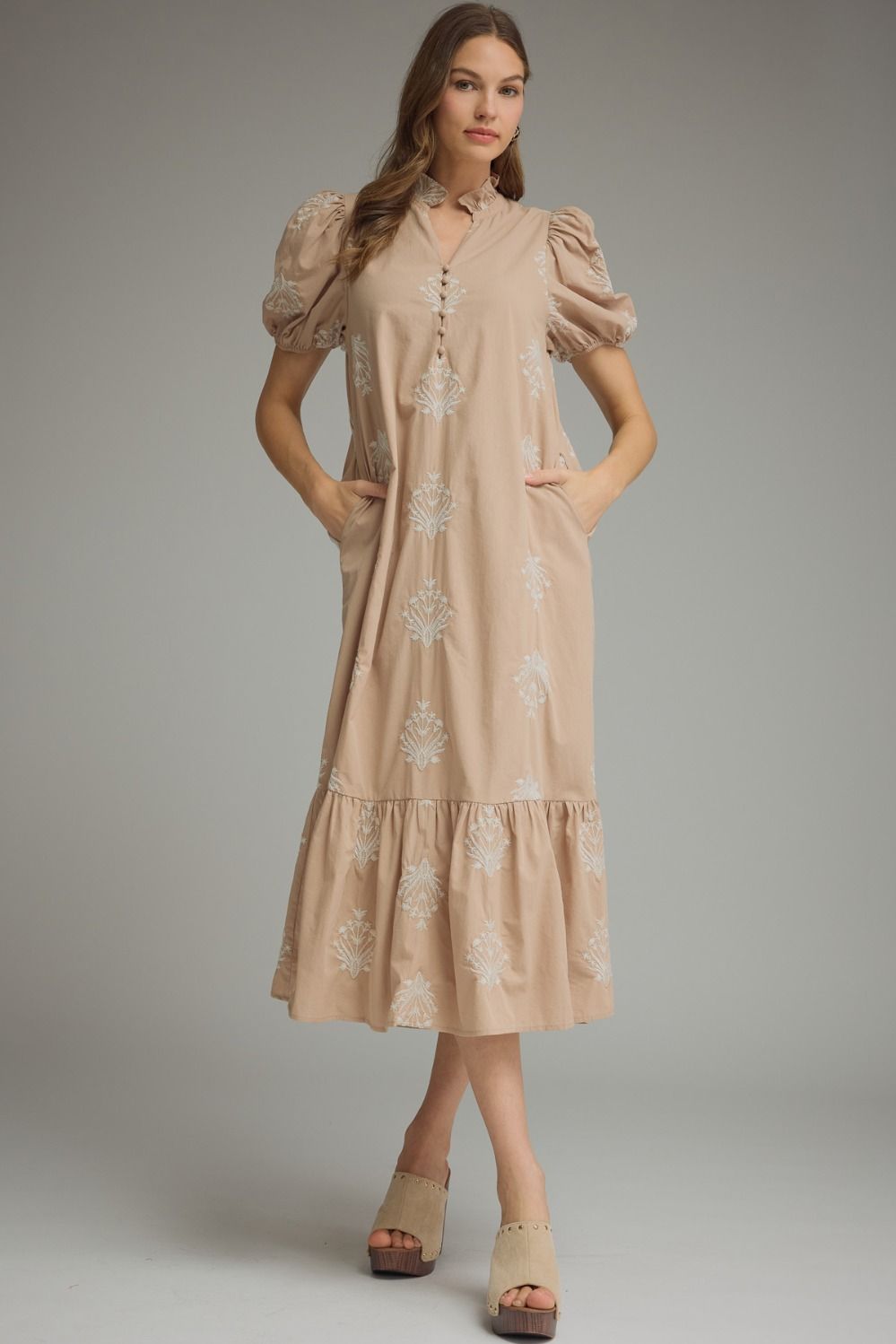 Entro Latte Botanical Embroidery Midi Dress (D30221)