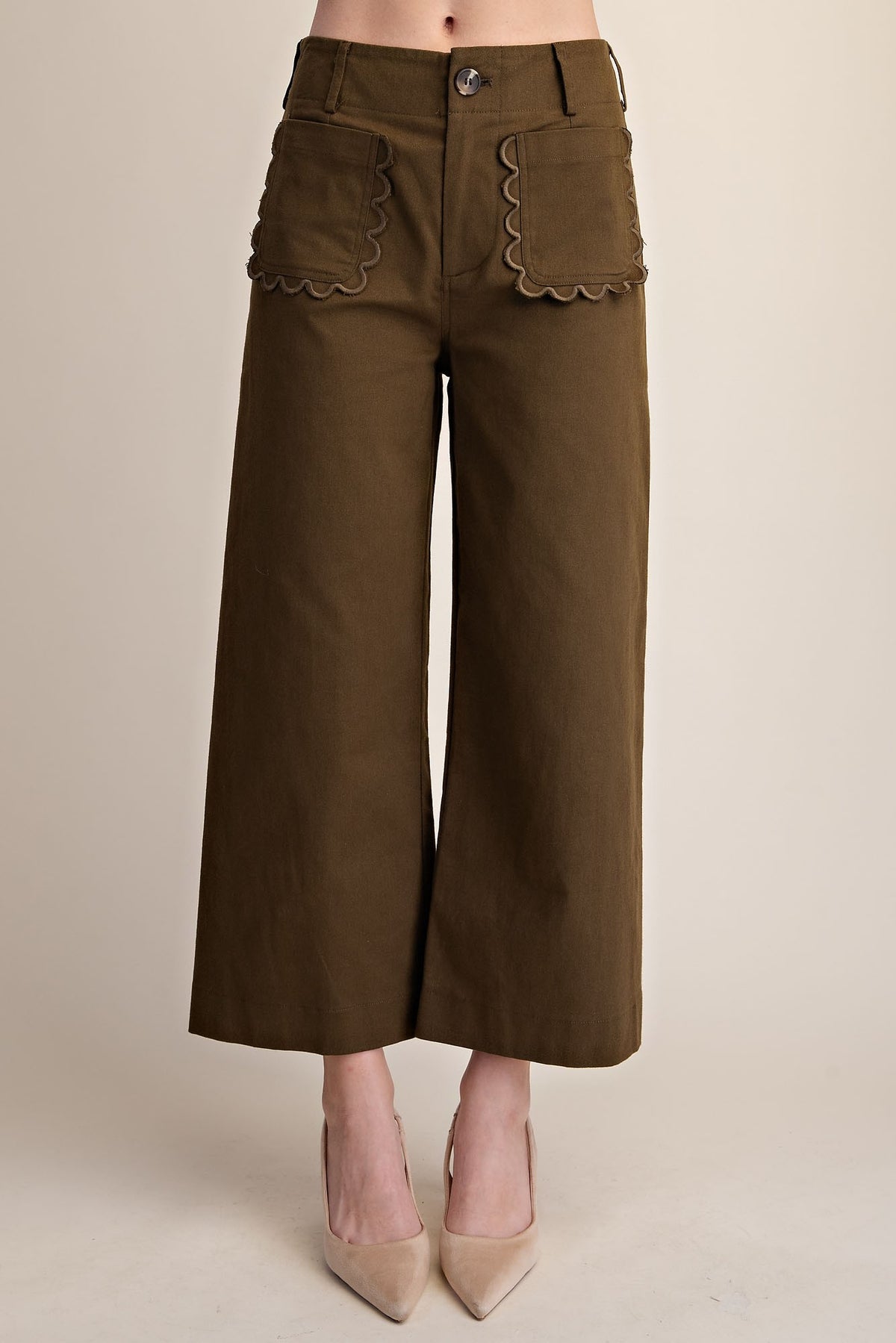 Glam Olive Colette Cropped Wide-Leg Scallop Pants (P9259)
