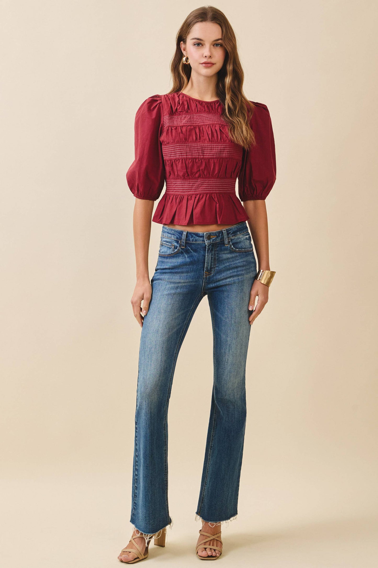 TCEC Horizontal Ruched Detail Back Keyhole Peplum Top