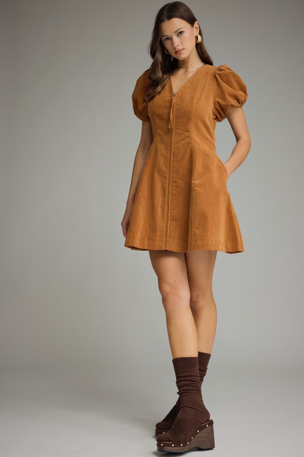 Entro Camel V-Neck Mini Dress