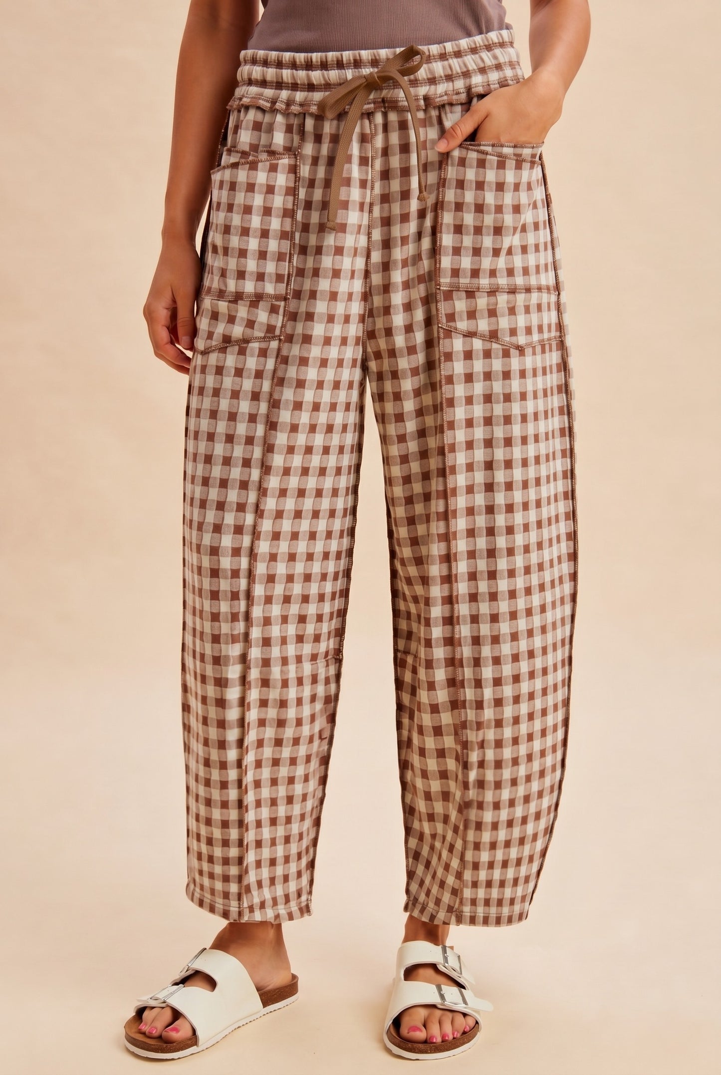 Anniewear Mocha Gingham Barrel Utility Pants