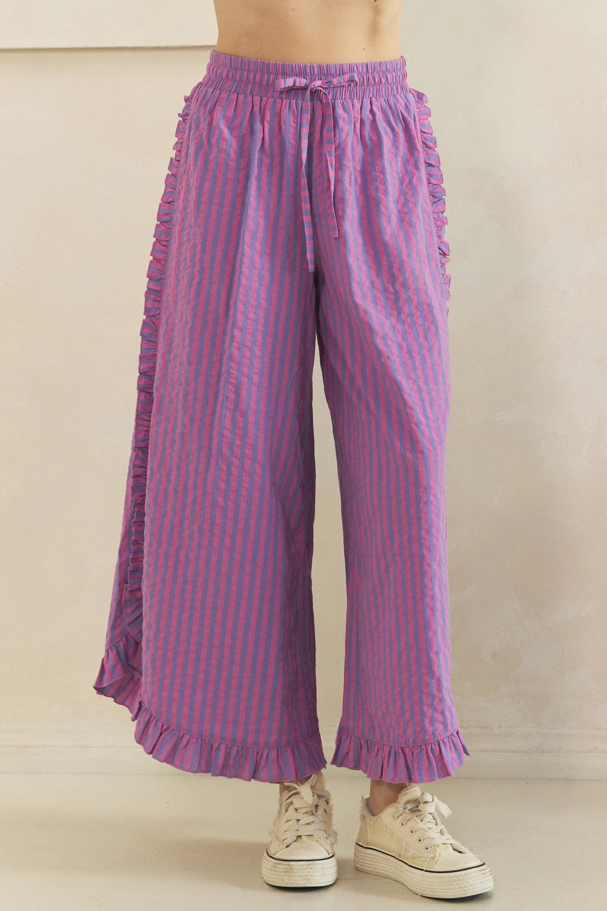 Veveret Pink/Purple Striped Linen Wide Leg Pants