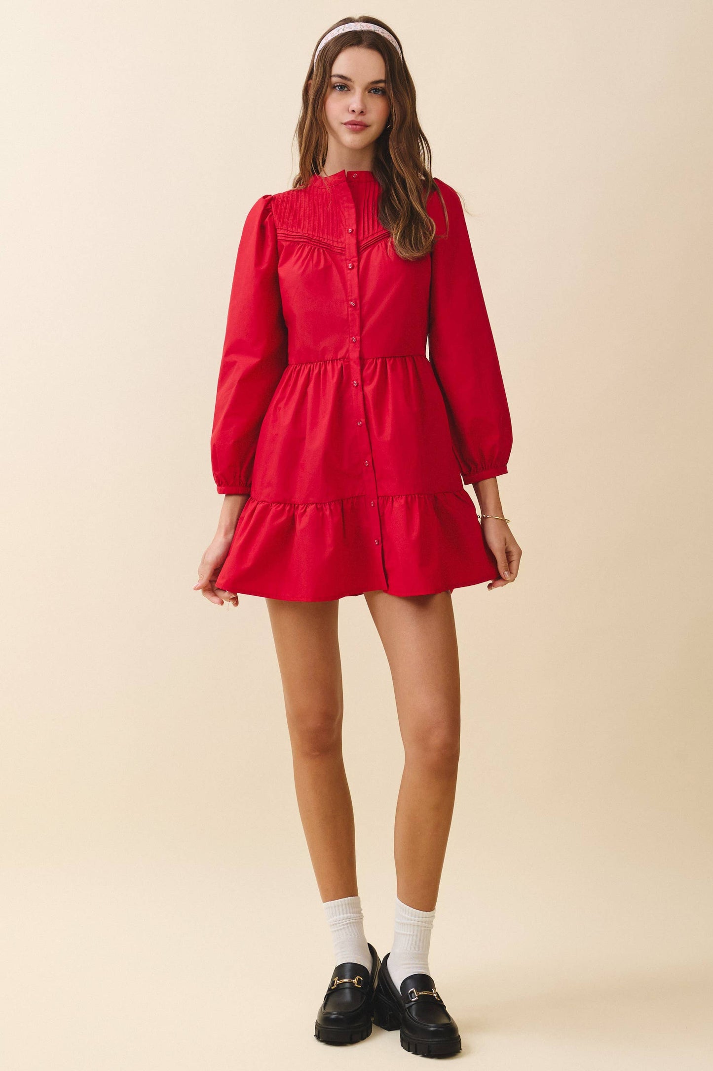 TCEC Pintuck Yoke Detail Button Front Mini Dress
