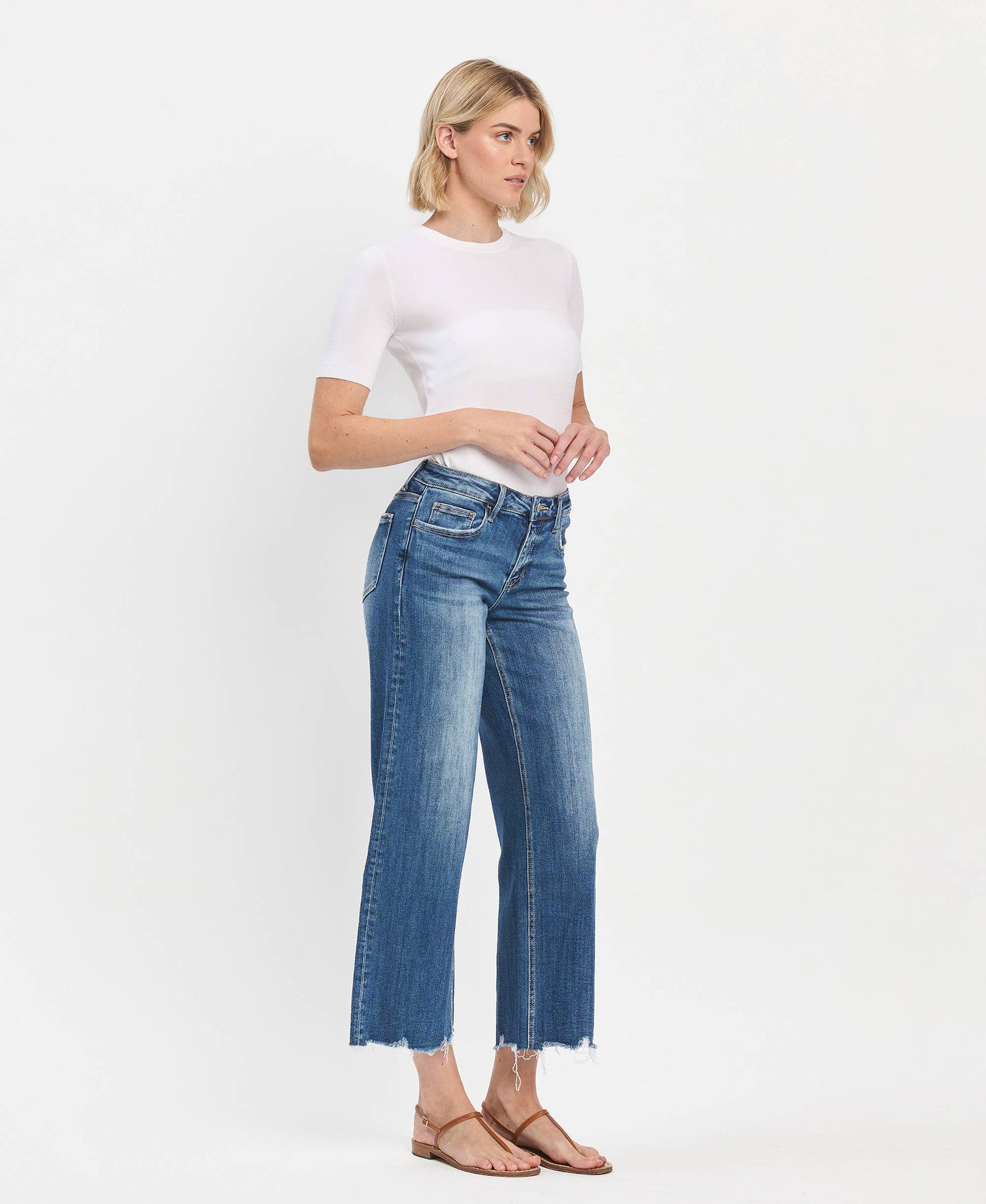 MID RISE MEDIUM DARK WASH RAW HEM WIDE JEANS LV1246