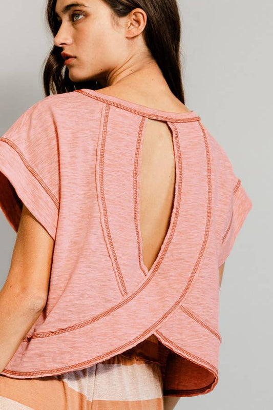 Bucketlist Overlap Open Back Reverse Stitched Crop Top