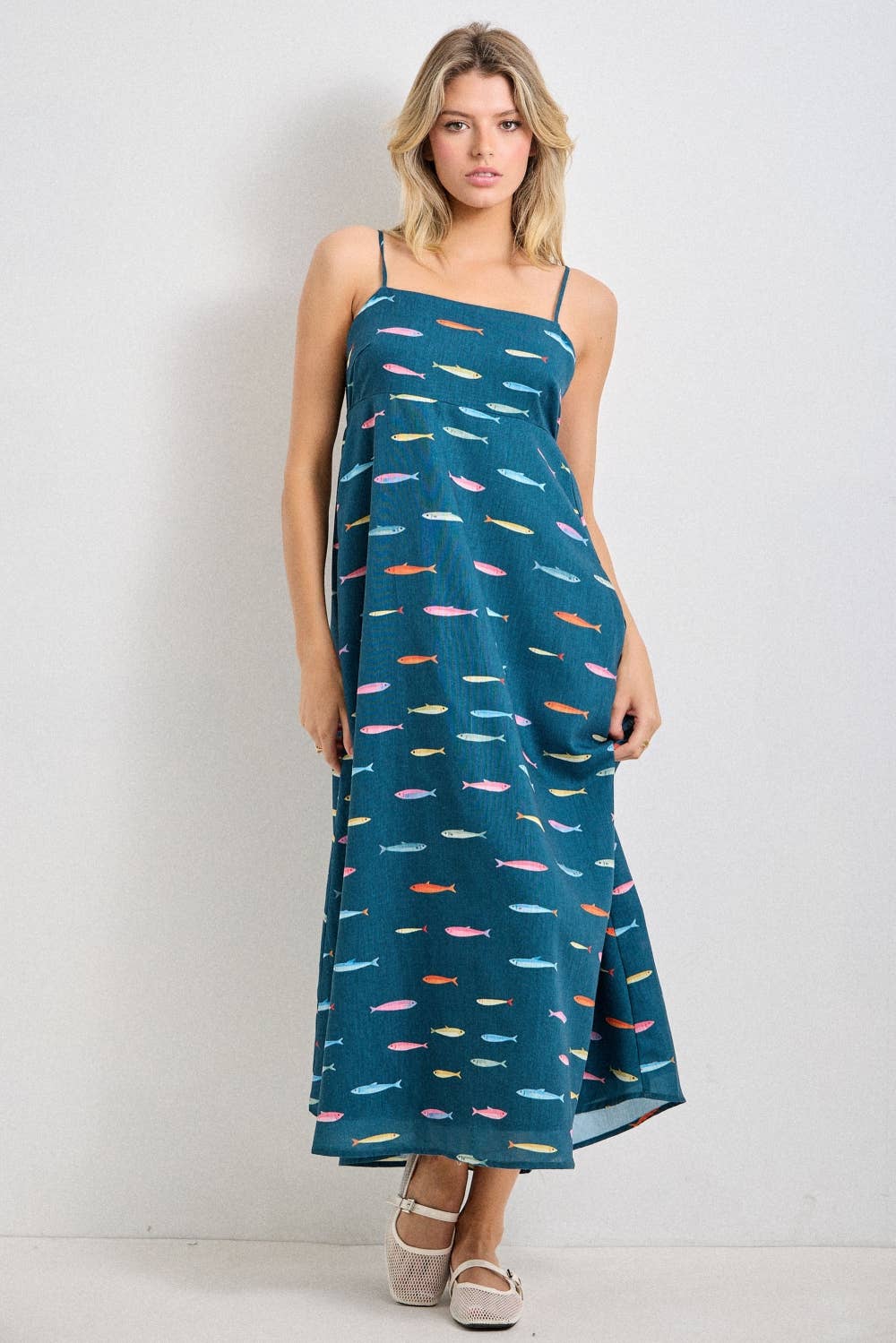 Baevely Teal Fish Print Midi Dress