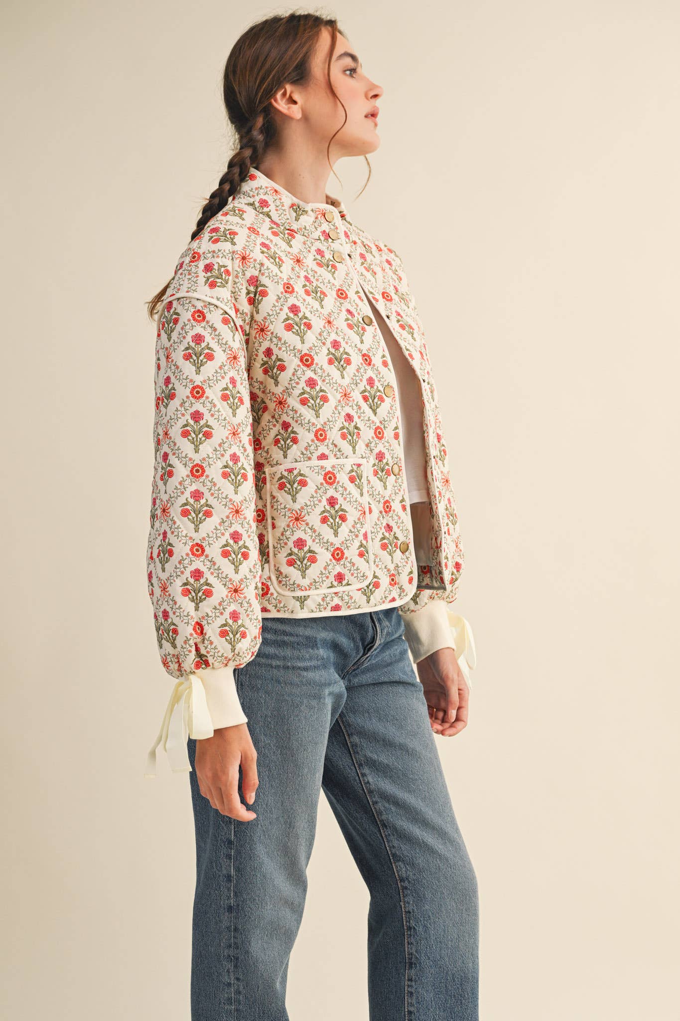 FLORAL QUILTED JACKET WITH RIBBON DETAIL MJK4431