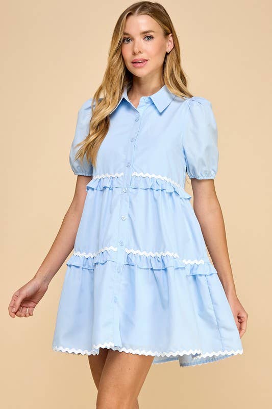 TCEC Zigzag Detail Short Puff Sleeve Shirt Dress