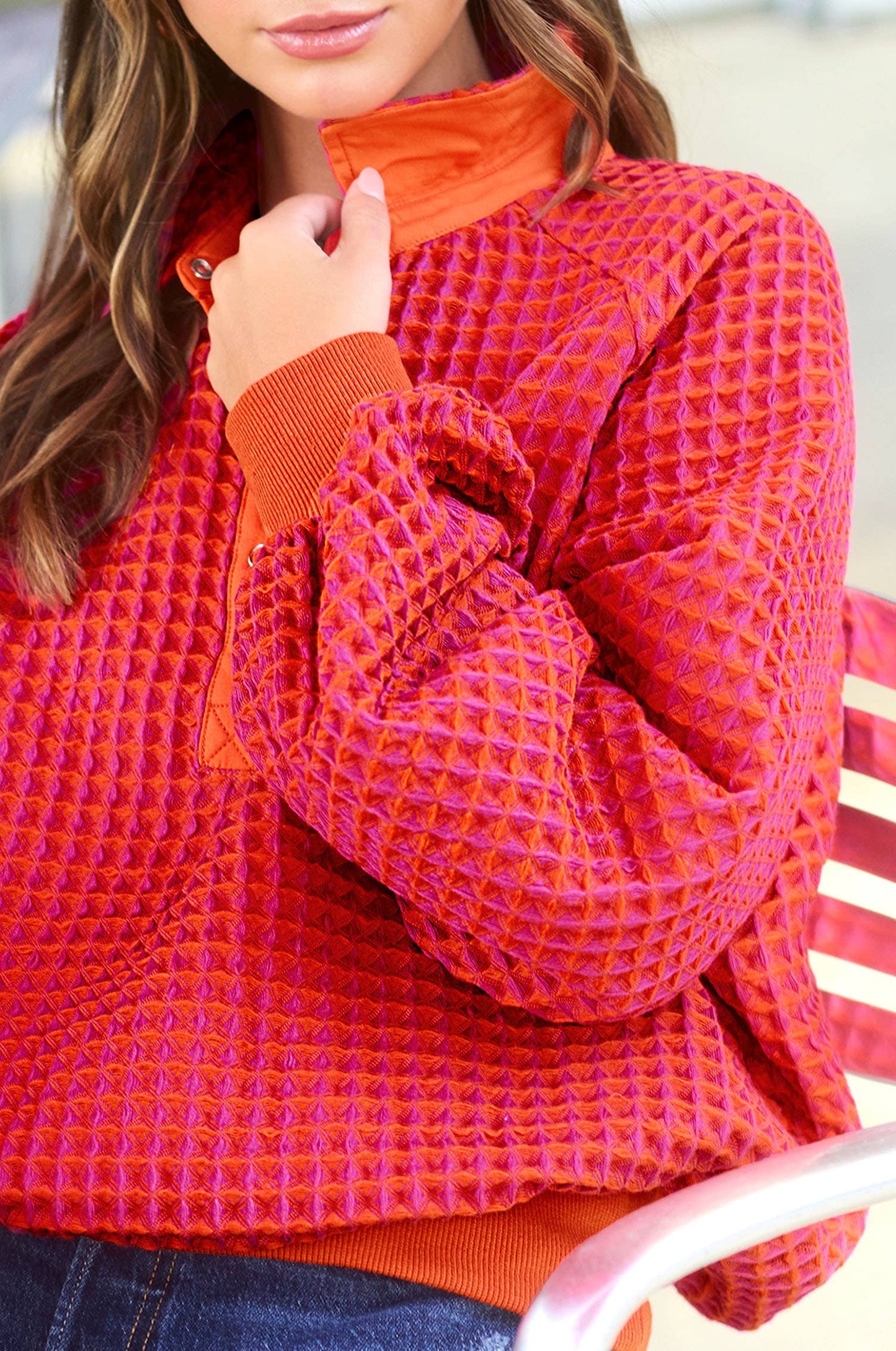 La Miel  Two Tone Textured Snap Button Front Top