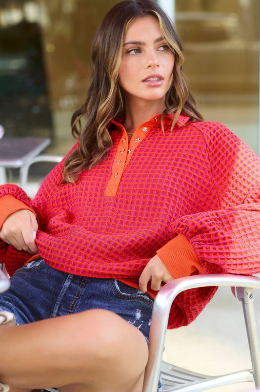 La Miel  Two Tone Textured Snap Button Front Top