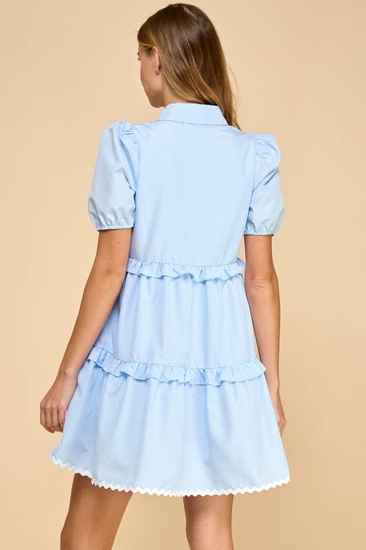 TCEC Zigzag Detail Short Puff Sleeve Shirt Dress