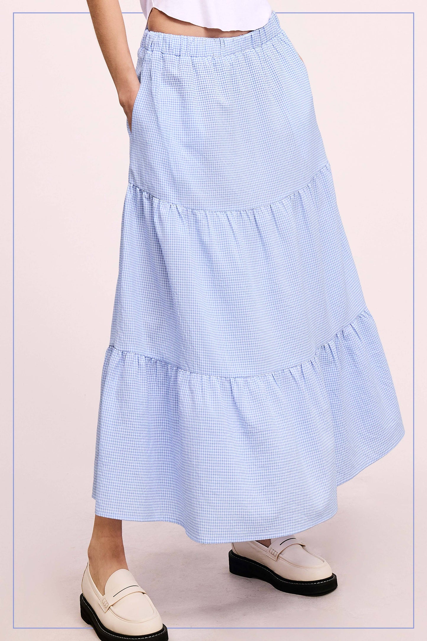 La Miel Gingham Tiered Maxi Skirt With Side Pockets