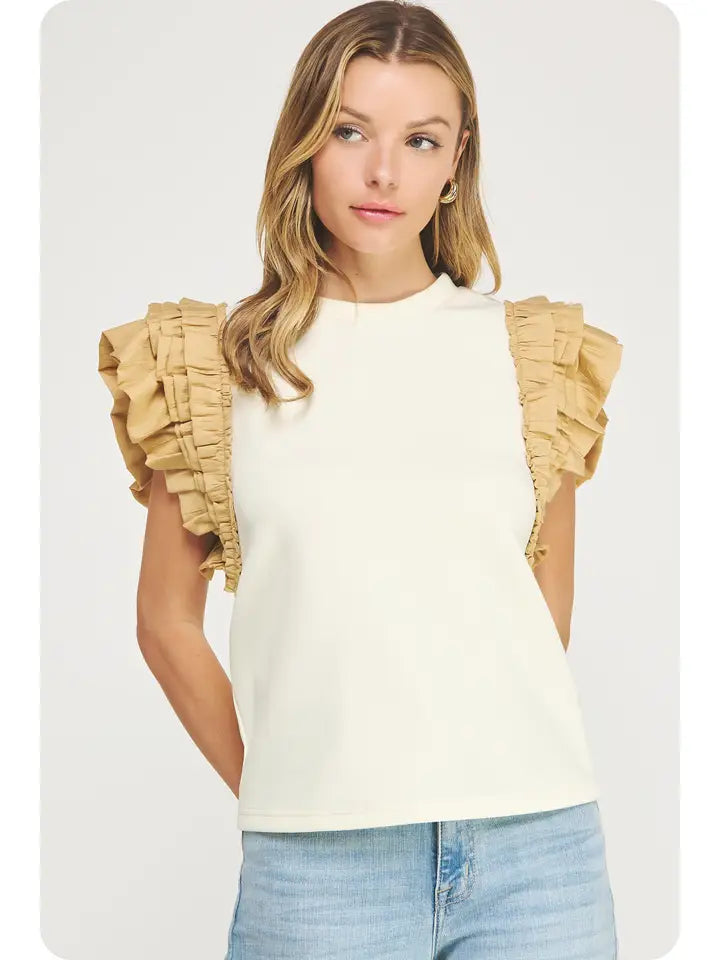 Strut and Bolt Cream/Brown Ruffle Top