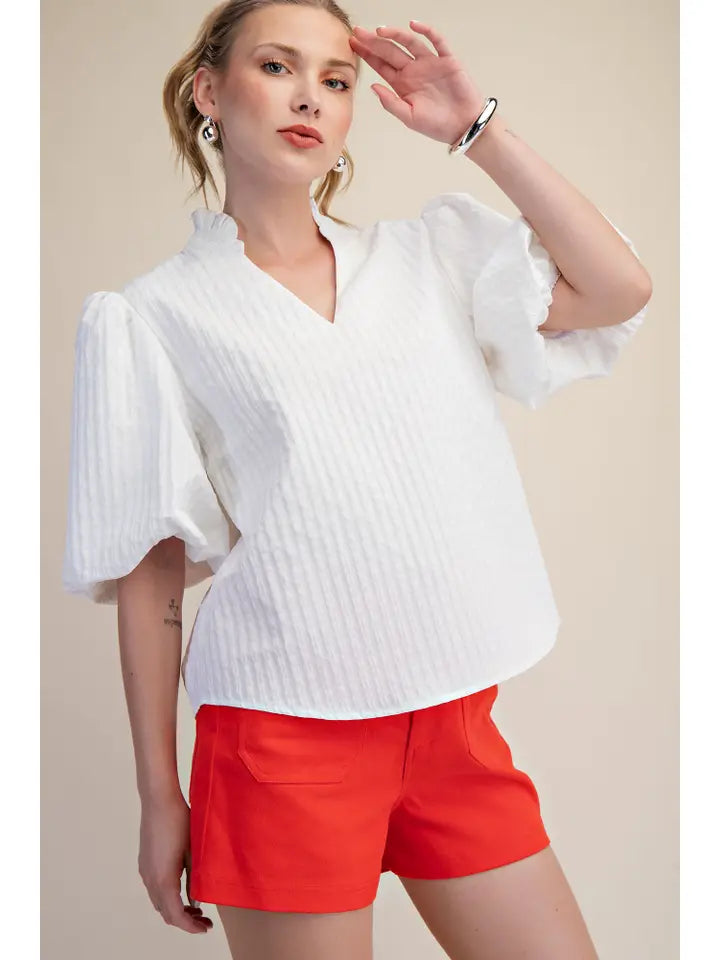 Glam White Ruffled Neck Textured Top