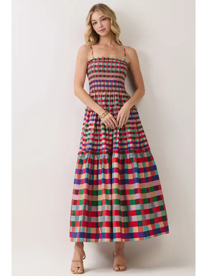 Pretty Follies Smocked Bodice Plaid Tiered Maxi Dress