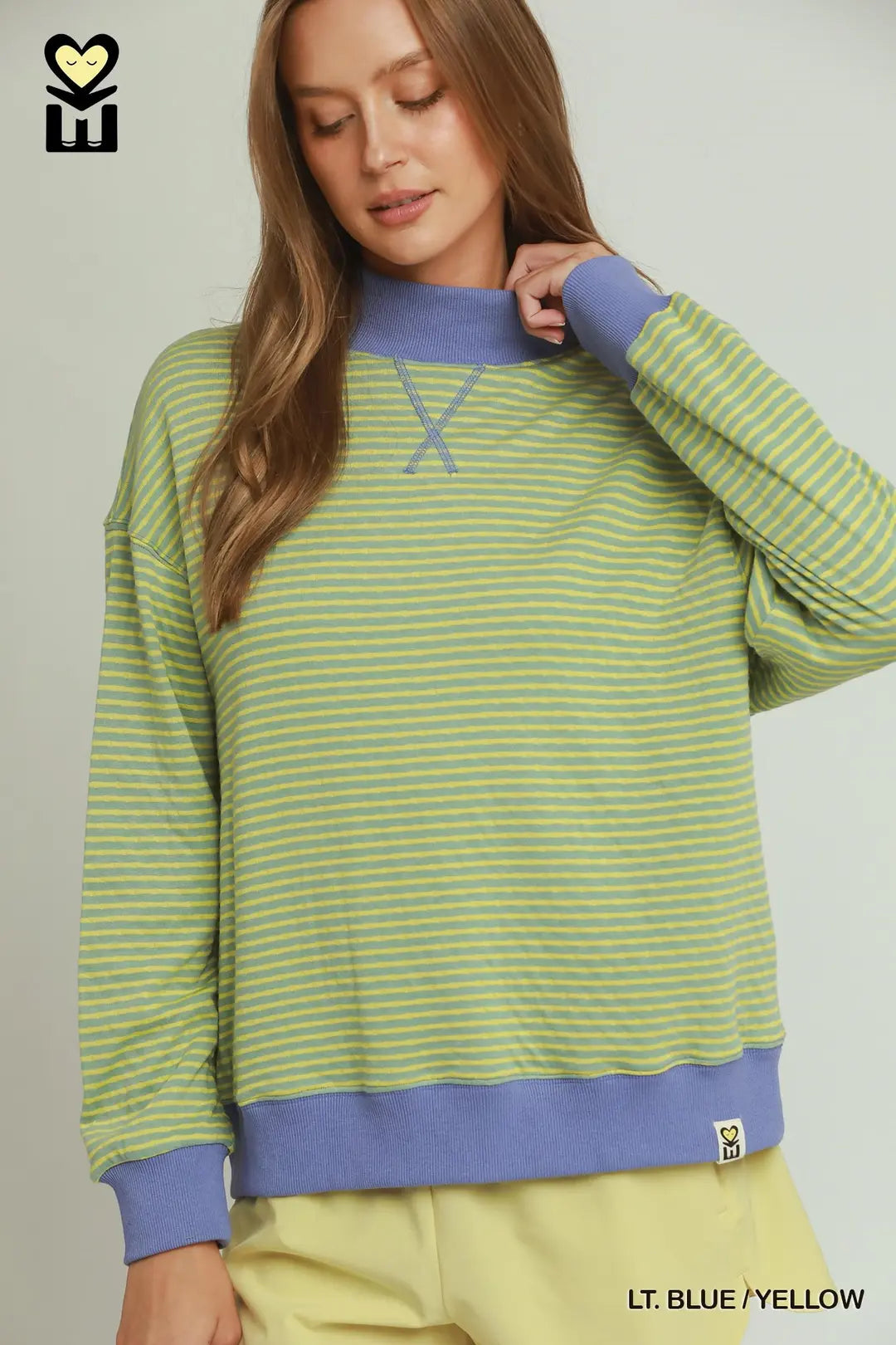 Umgee Light Blue/Yellow Reversible Stripe & Polka Dot Pullover (H1210)