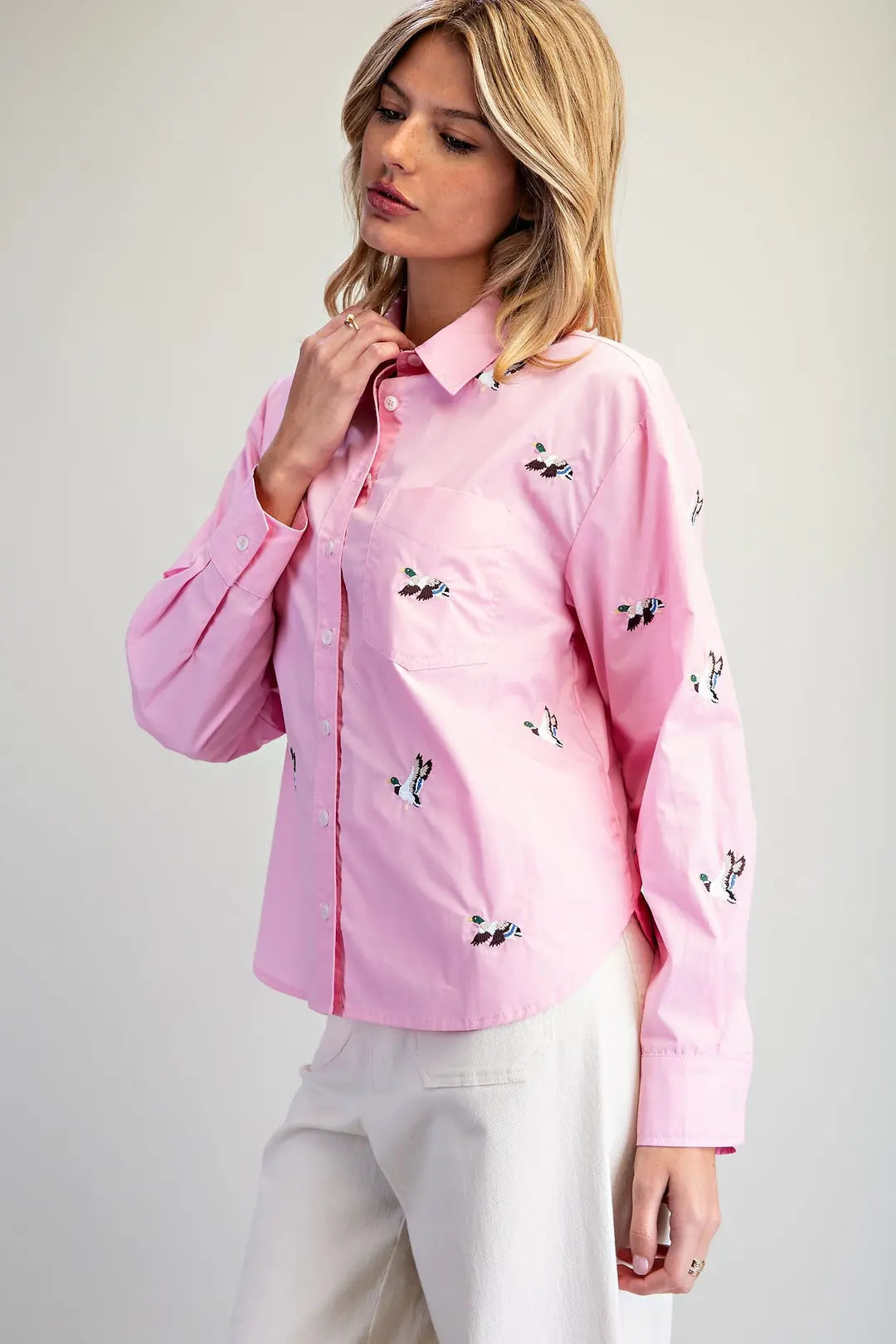 ee:some Pink Embroidered Mallard Duck Shirt (TH17285)