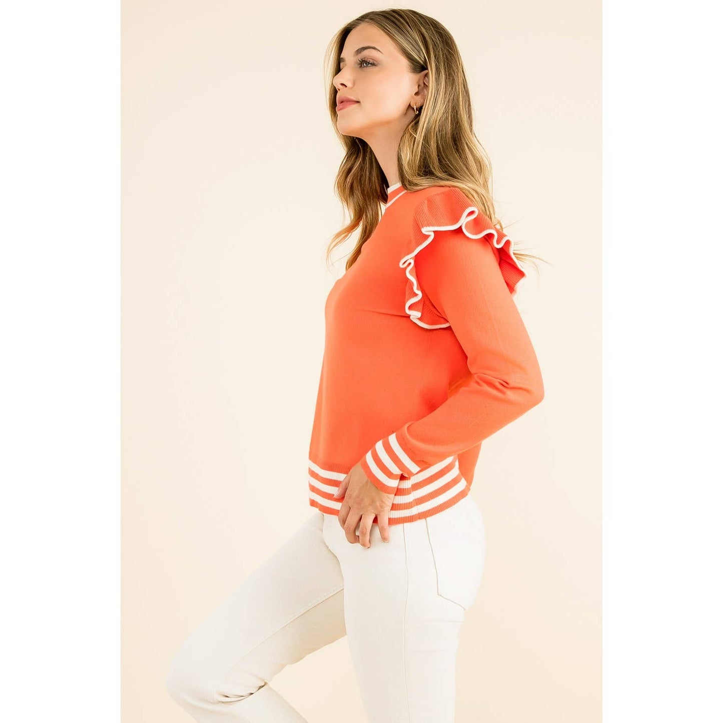 Orange Ruffle Shoulder Long Sleeve Sweater with Stripes