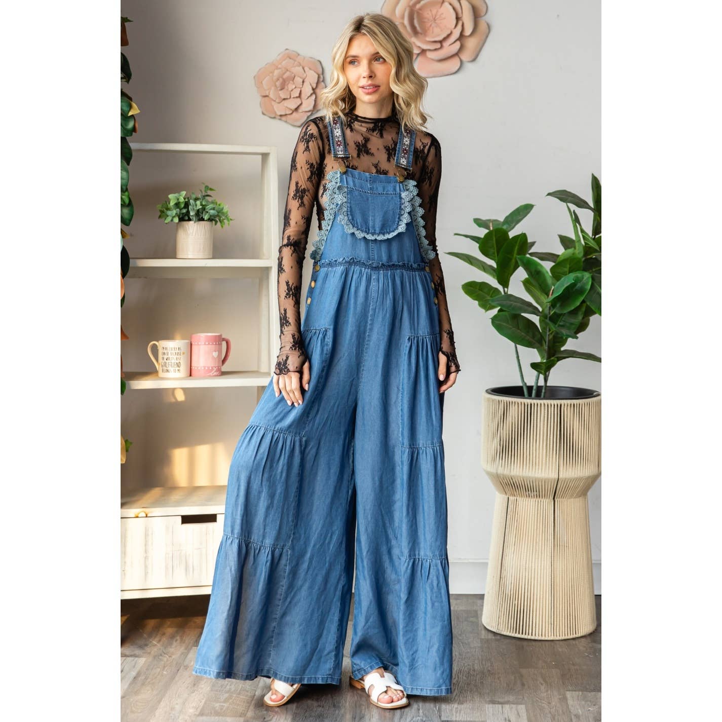Embroidered Tencel Strap Flowy Jumpsuit