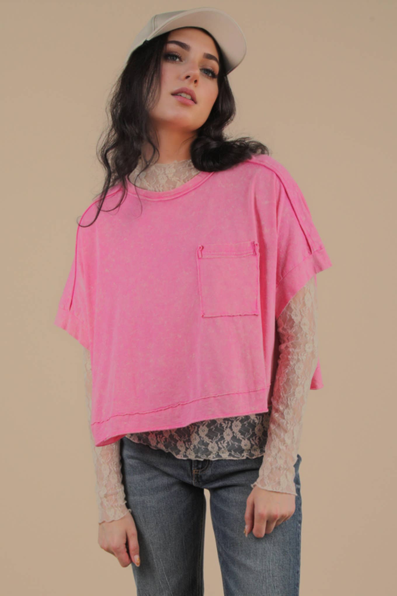 Mineral Washed Oversized Crop Comfy Knit Top Pink