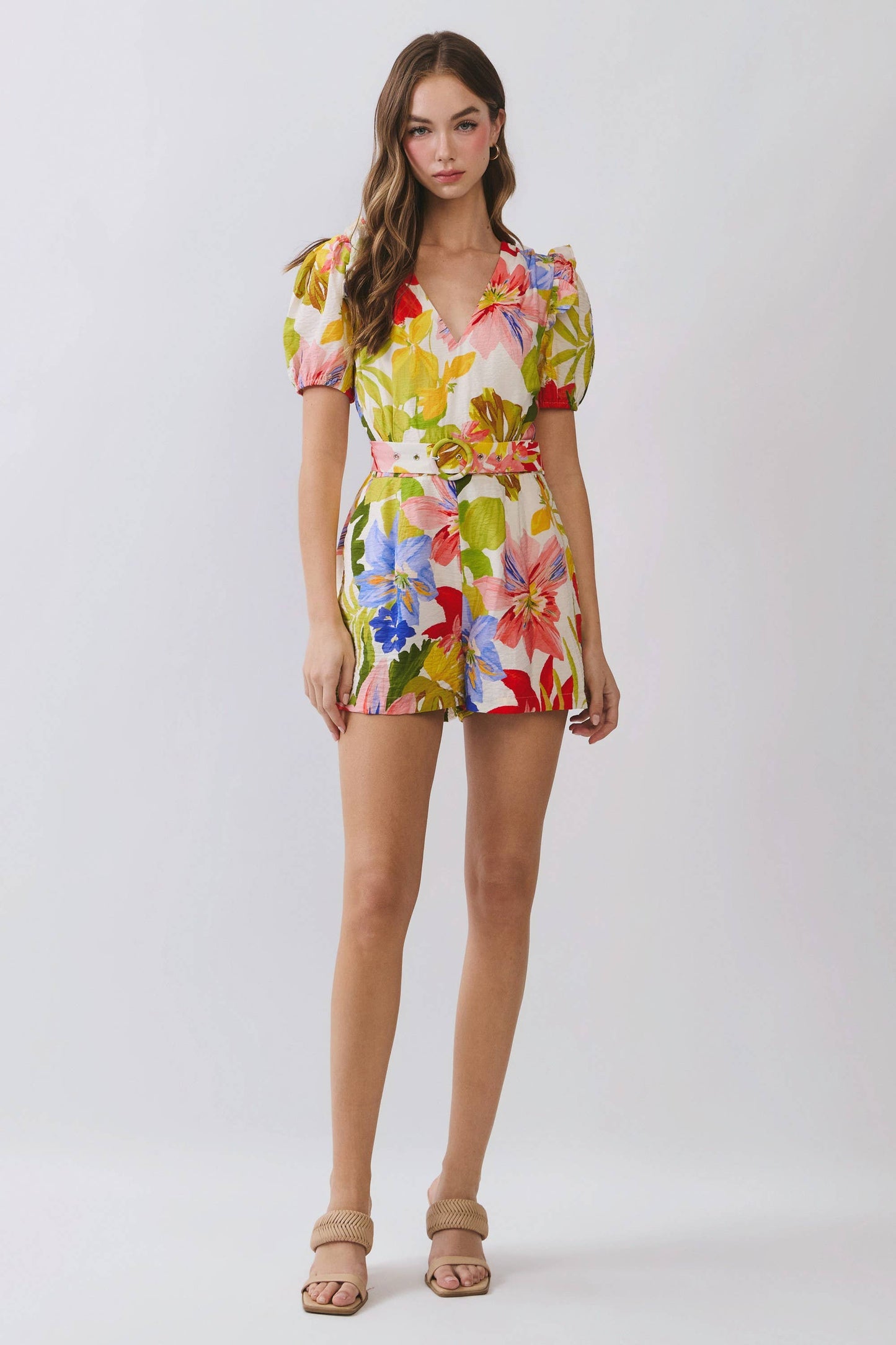 TCEC Floral Print V Neckline Puff Sleeve Romper