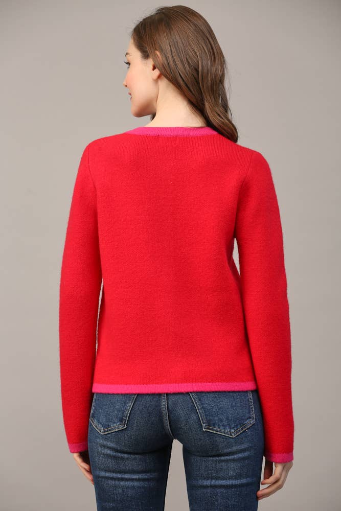 FRONT BUTTON CLOSURE COLORBLOCK SWEATER CARDIGAN FW15336