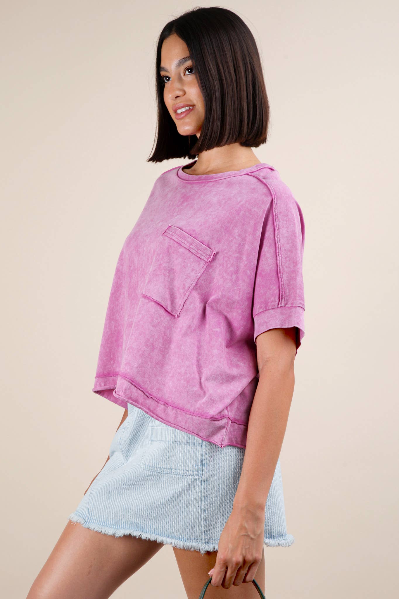 Mineral Washed Oversized Crop Comfy Knit Top Pink