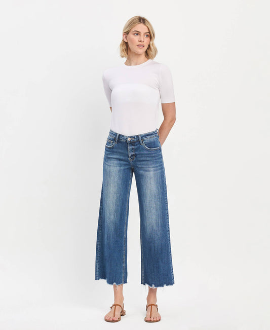 MID RISE MEDIUM DARK WASH RAW HEM WIDE JEANS LV1246