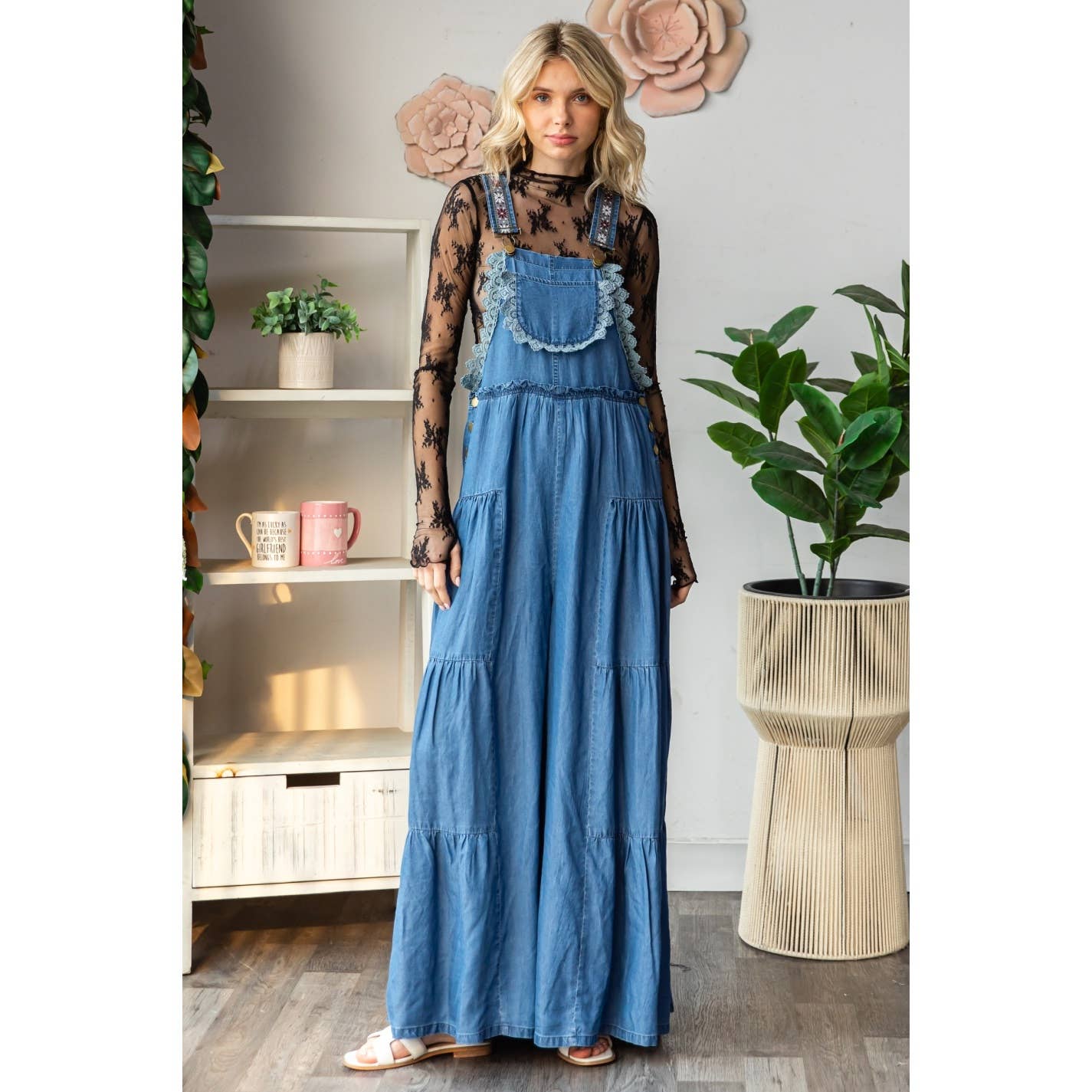 Embroidered Tencel Strap Flowy Jumpsuit