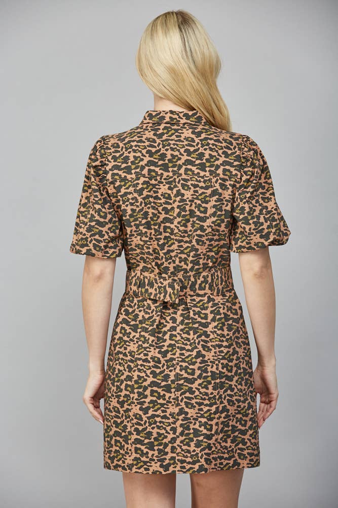 FATE ANIMAL PRINT SHORT PUFF SLV BELTED DRESS