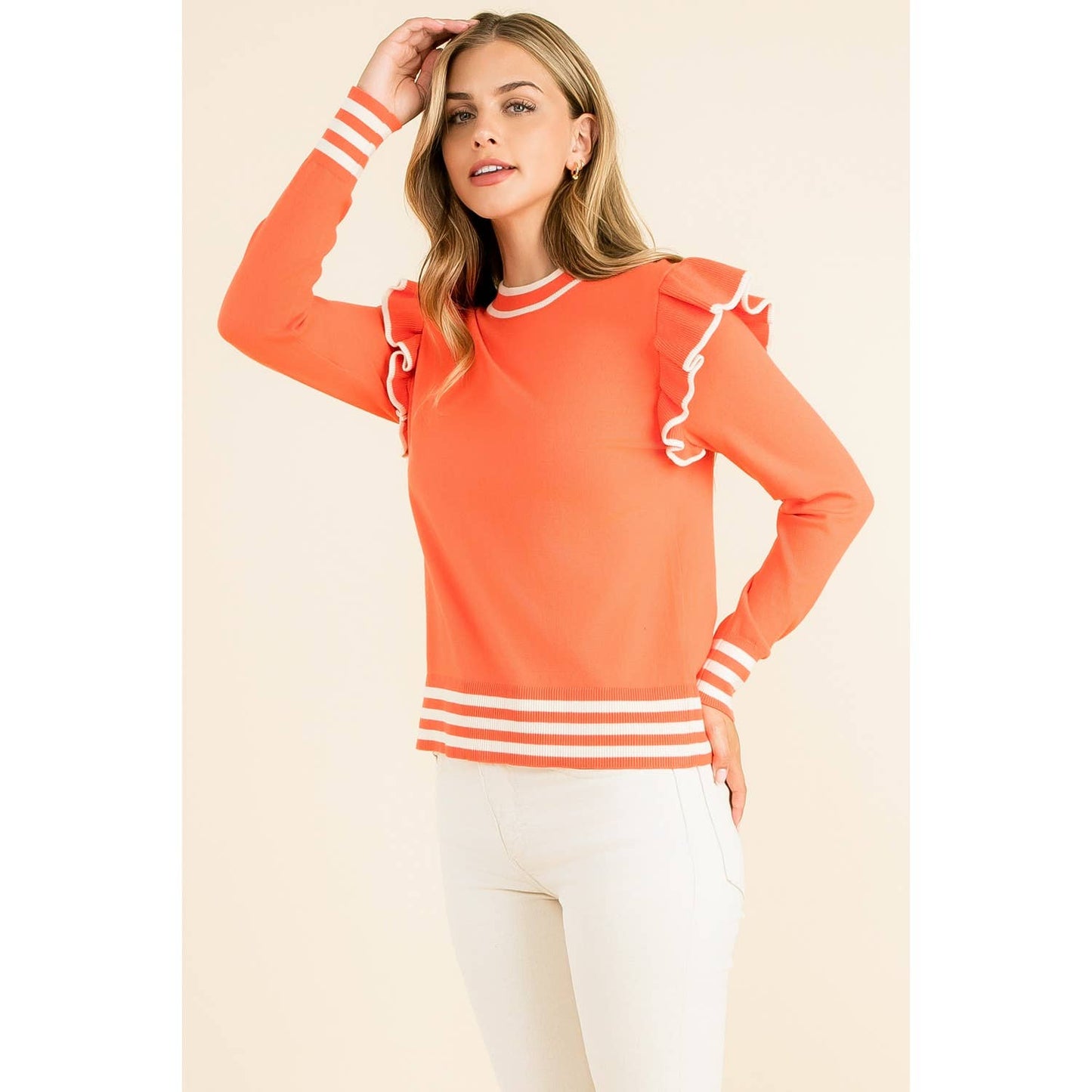Orange Ruffle Shoulder Long Sleeve Sweater with Stripes