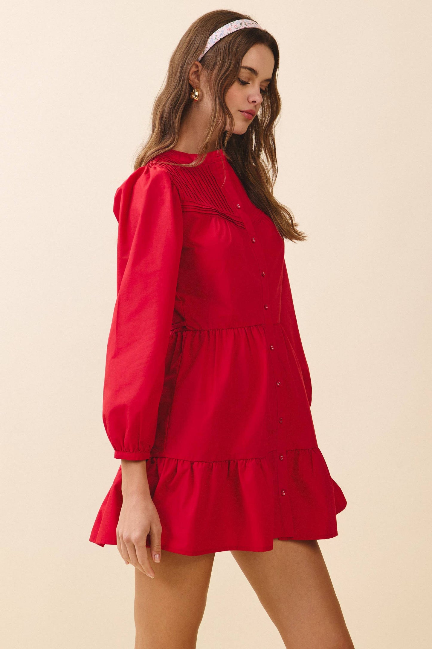 TCEC Pintuck Yoke Detail Button Front Mini Dress
